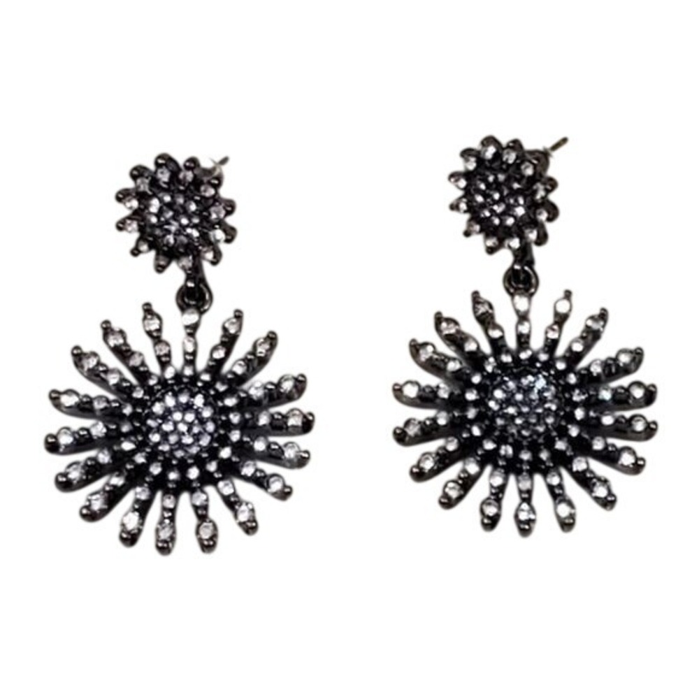Lucky Brand Gunmetal Sunburst Crystal Drop Earrings Celestial Statement Dangle